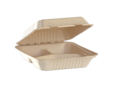 Natural Color 9"x9"x3" Clamshell food container, 3-compartment - 200/Case