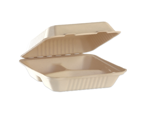 Natural Color 9"x9"x3" Clamshell food container, 3-compartment - 200/Case