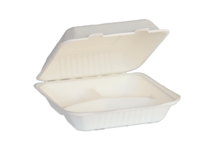 White Color 9"x9"x3" Clamshell food container, 3-compartment - 200/Case