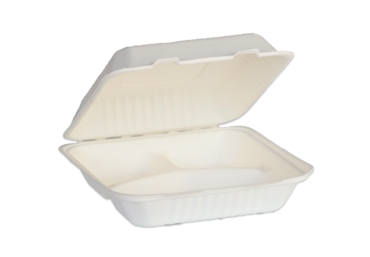 White Color 9"x9"x3" Clamshell food container, 3-compartment - 200/Case