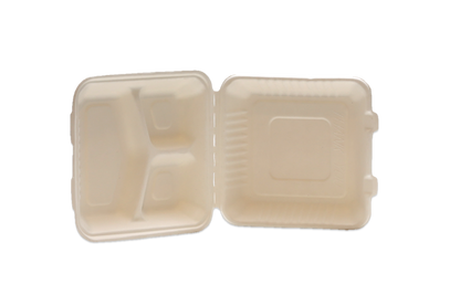 White Color 9"x9"x3" Clamshell food container, 3-compartment - 200/Case